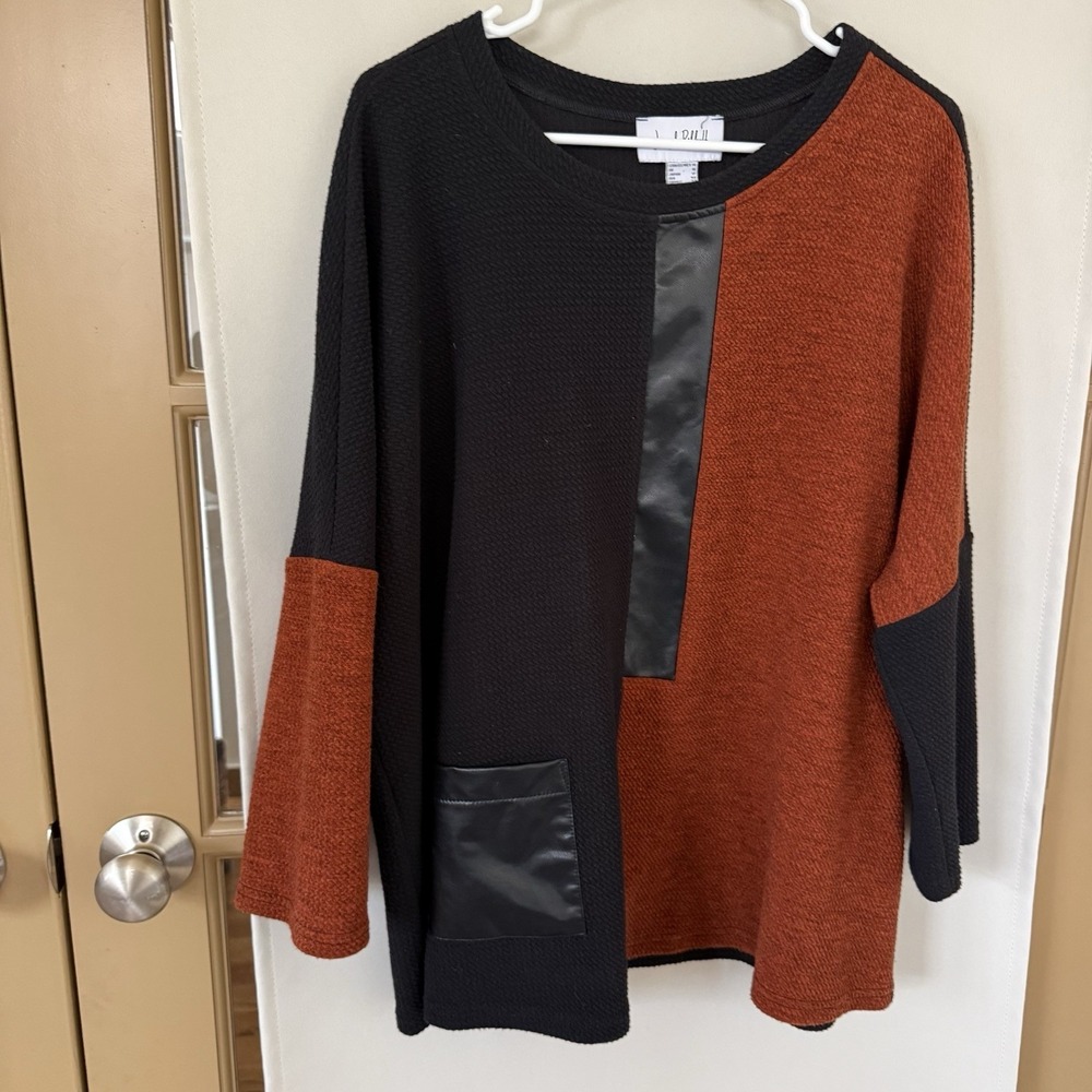 Joseph Ribkoff Womens 14 Waffle Knit‎ Faux Leather Trim Boxy Top